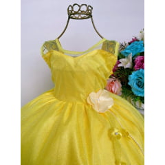 Vestido Infantil Amarelo Brilho Pérolas e Aplique de Flor