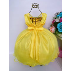 Vestido Infantil Amarelo Brilho Pérolas e Aplique de Flor