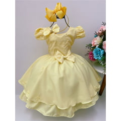 Vestido Infantil Amarelo com Laço e Aplique de Flores Pérolas