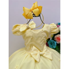 Vestido Infantil Amarelo com Laço e Aplique de Flores Pérolas