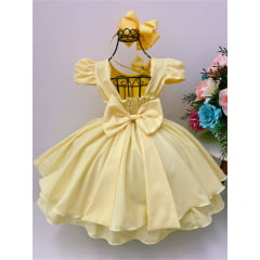 Vestido Infantil Amarelo com Laço e Aplique de Flores Pérolas