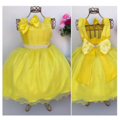 Vestido Infantil Amarelo Luxo Princesa Laço Cinto Pérolas
