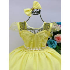 Vestido Infantil Amarelo Peito Nervura Cinto de Perola