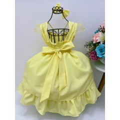 Vestido Infantil Amarelo Peito Nervura Cinto de Perola