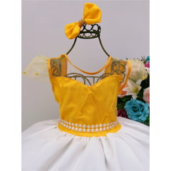 Vestido Infantil Amarelo Peito Nervura Saia Off Perolas