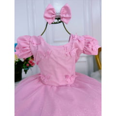 Vestido Infantil Aurora Rosa C/ Borboletas Laço e Glitter