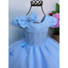 Vestido Infantil Azul Aplique Borboletas com Laço Cabelo