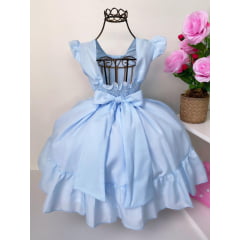Vestido Infantil Azul Aplique Borboletas e Cinto Pérolas