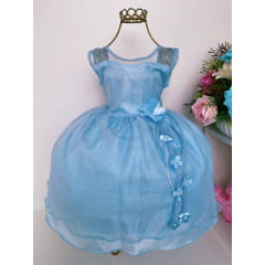 Vestido Infantil Azul Bebê Brilho Pérolas e Aplique de Flor