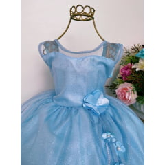 Vestido Infantil Azul Bebê Brilho Pérolas e Aplique de Flor