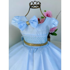Vestido Infantil Azul Bebê Princesas Laço Cabelo Cinto Stras