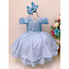 Vestido Infantil Azul Claro Laço Aplique Flores Pérolas