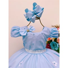 Vestido Infantil Azul Claro Laço Aplique Flores Pérolas