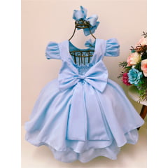 Vestido Infantil Azul Claro Laço Aplique Flores Pérolas