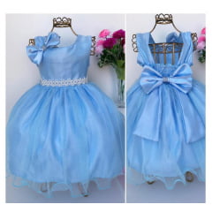 Vestido Infantil Azul Claro Luxo Princesa Laço Cinto Pérolas