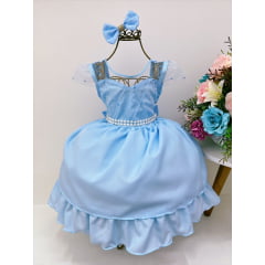 Vestido Infantil Azul Claro Peito Nervura Cinto de Perola