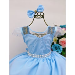 Vestido Infantil Azul Claro Peito Nervura Cinto de Perola