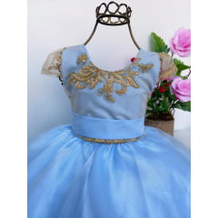 Vestido Infantil Azul Claro Renda Dourada Daminhas Luxo