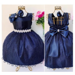 Vestido Infantil Azul Escuro Luxo Princesa Laço Cinto Pérola