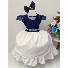 Vestido Infantil Azul Escuro Saia Marfim C/ Laço e Pérolas