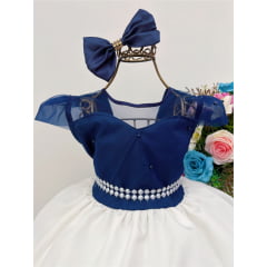 Vestido Infantil Azul Escuro Saia Marfim C/ Laço e Pérolas