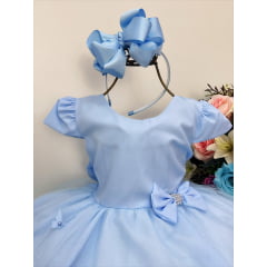 Vestido Infantil Azul Laço com Strass e Aplique Borboletas