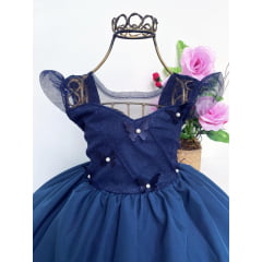 Vestido Infantil Azul Marinho Aplique Borboletas Brilho