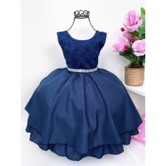 Vestido Infantil Azul Marinho Renda Cinto Strass Princesas