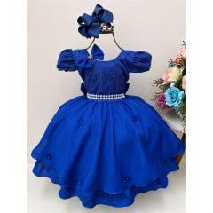 Vestido Infantil Azul Royal C/ Laço e Aplique Flores Pérolas
