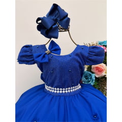 Vestido Infantil Azul Royal C/ Laço e Aplique Flores Pérolas