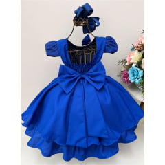 Vestido Infantil Azul Royal C/ Laço e Aplique Flores Pérolas