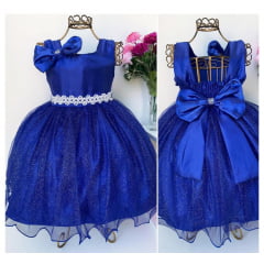 Vestido Infantil Azul Royal Luxo Princesa Laço Cinto Pérolas