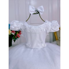 Vestido Infantil Branco Aplique Borboletas C/ Laço e Glitter