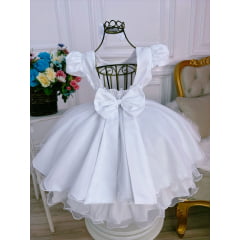 Vestido Infantil Branco Aplique Borboletas C/ Laço e Glitter