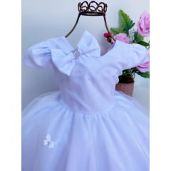 Vestido Infantil Branco Aplique Borboletas com Laço Cabelo