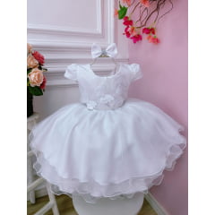 Vestido Infantil Branco C/ Aplique Borboletas Laço e Pérolas