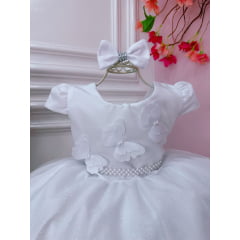Vestido Infantil Branco C/ Aplique Borboletas Laço e Pérolas