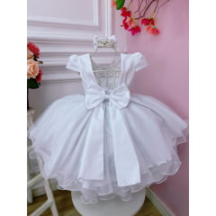 Vestido Infantil Branco C/ Aplique Borboletas Laço e Pérolas