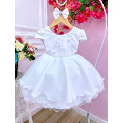 Vestido Infantil Branco C/ Aplique Borboletas Laço e Pérolas