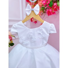 Vestido Infantil Branco C/ Aplique Borboletas Laço e Pérolas