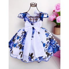 Vestido Infantil Branco e Azul Floral Luxo Princesas Mangas