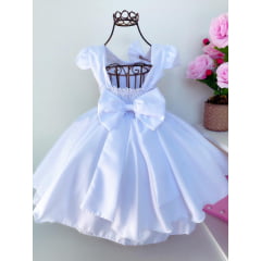 Vestido Infantil Branco Princesas Laço Cabelo Cinto Strass