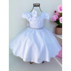 Vestido Infantil Branco Princesas Laço Cabelo Cinto Strass