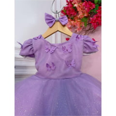 Vestido Infantil Lilás C/ Aplique Borboleta Pérola Glitter