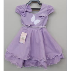 Vestido Infantil Lilás C/ Aplique Borboletas Laço e Pérolas