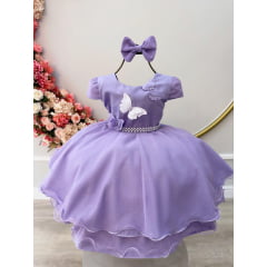 Vestido Infantil Lilás C/ Aplique Borboletas Laço e Pérolas