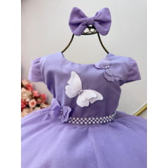 Vestido Infantil Lilás C/ Aplique Borboletas Laço e Pérolas