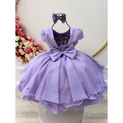 Vestido Infantil Lilás C/ Aplique Borboletas Laço e Pérolas