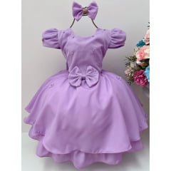 Vestido Infantil Lilás Laço e Aplique de Flores Pérolas