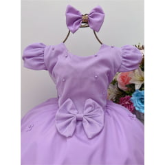Vestido Infantil Lilás Laço e Aplique de Flores Pérolas